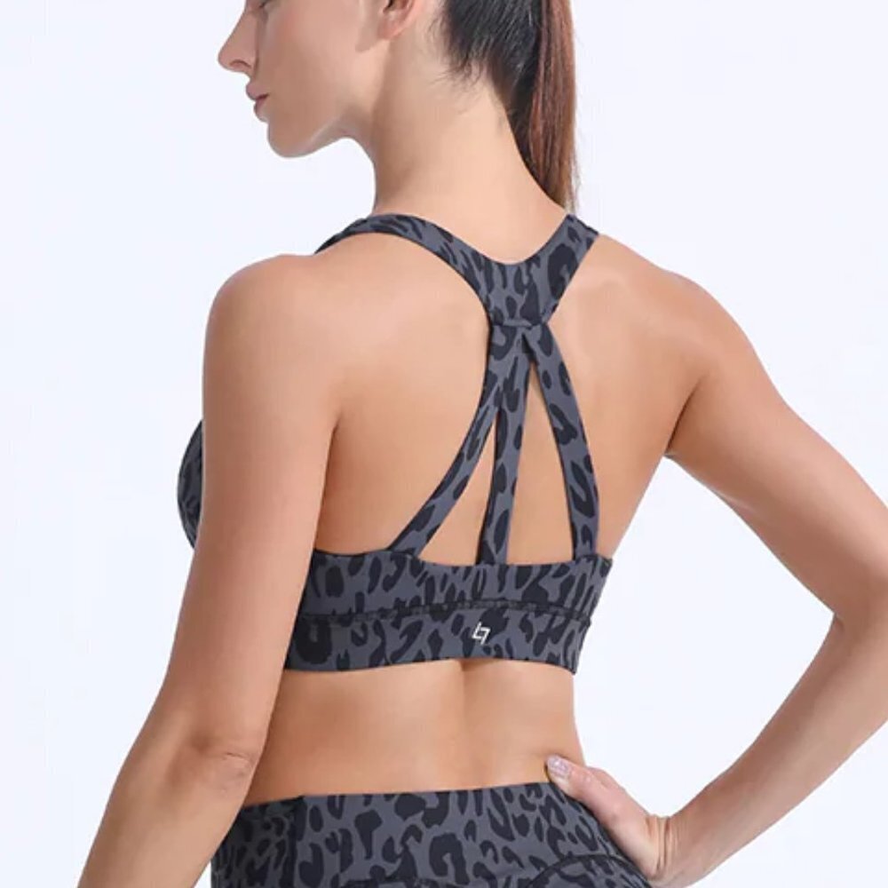 FITTIN SPORTS Leopard Black Thick Strappy Back Padded Sports Bra Medium